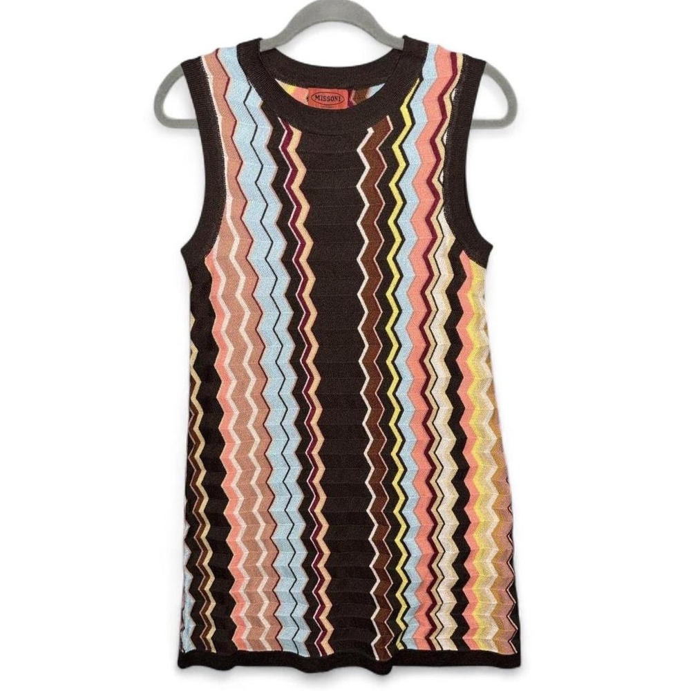 Missoni Target Dress Chevron Knit Zigzag Shift Mini Lined Retro Brown